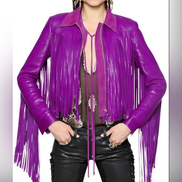 Roberto Cavalli Jackets & Blazers - ROBERTO CAVALLI Fringed Nappa Leather Jacket In Purple, size IT40